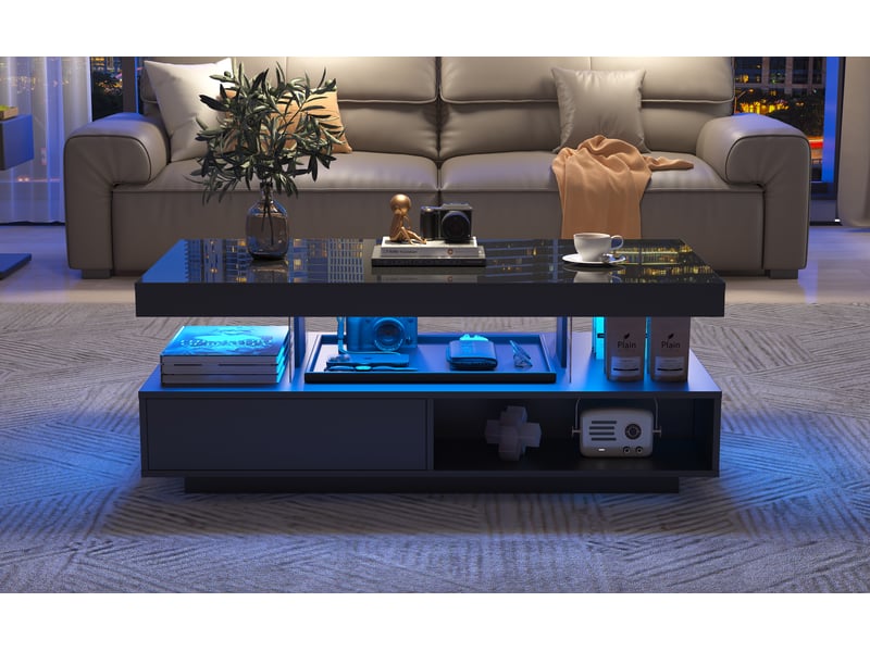 Table basse avec éclairage led 95x50x42,5 cm panneau de particules et verre table basse noire brillante  - Conforama B