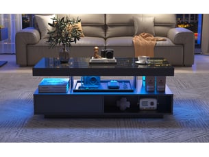 Table basse avec éclairage led 95x50x42,5 cm panneau de particules et verre table basse noire brillante