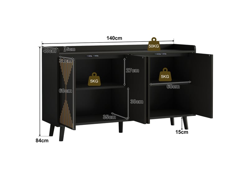  Buffet et enfilade avec 4 portes, étagères réglables et niche ouverte, pour cuisine et salon, noir, 140 × 40 × 84 cm  - Conforama E