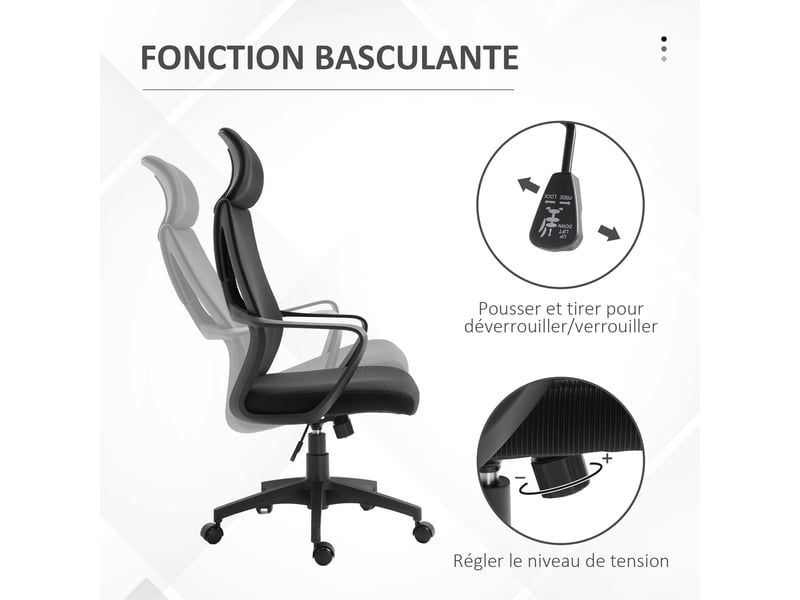  Chaise bureau ergonomique, fauteuil de bureau en maille, appui-tête, hauteur réglable, noir, 64 x 55 x 116-126 cm  - Conforama R