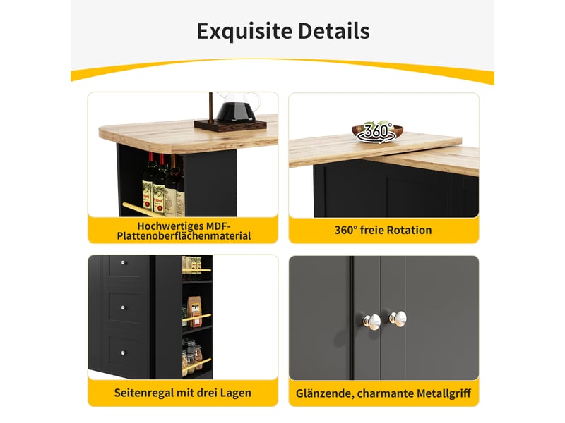  Bar de cuisine pivotant 360° extensible - 3 tiroirs, porte-snacks, roulettes, table bar moderne  - Conforama E