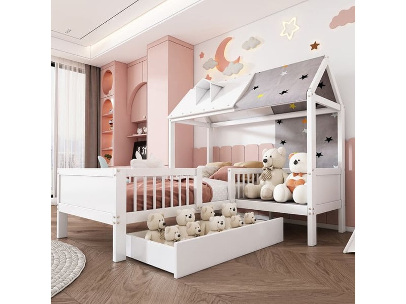  Lit enfant maison en bois - 90x200 cm - tiroirs de rangement - design créatif - sécurité enfant - certifié en747 blanc - Conforama B