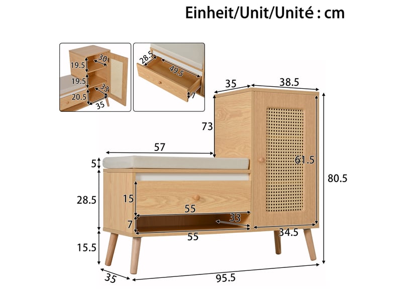  Meuble d’entrée - 95,5x35x80,5 cm - rangements, coussins inclus, 1 tiroir - rotin - naturel Bubbly - Conforama A