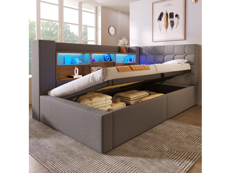  Lit coffre 90x200 cm éclairage led et ports usb, en lin gris  - Conforama D