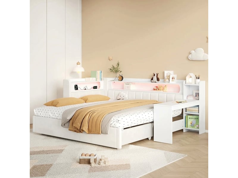  Lit de jour extensible gigogne 90x200 à 180x200 avec bureau led usb blanc  - Conforama B
