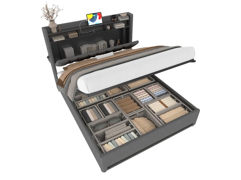  Lit coffre rembourré 140 x 200 cm, rangement hydraulique, tête de lit avec rangement, led, usb-c, velours, gris Bliss Lite - Conforama A