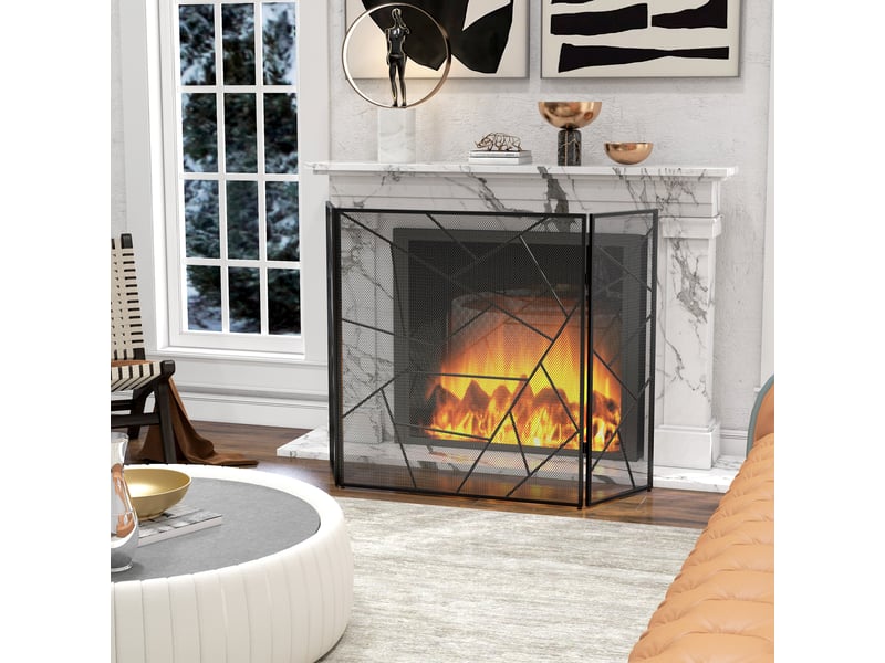  Pare feu cheminée pliable 3 panneaux en acier avec décor géométrique et pieds antidérapants, 135l x 1,2p x 85h cm, noir  - Conforama W