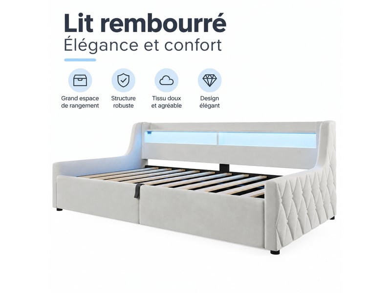  Lit coffre 90 x 200 cm en velours beige avec éclairage led multicolore, sans matelas  - Conforama A