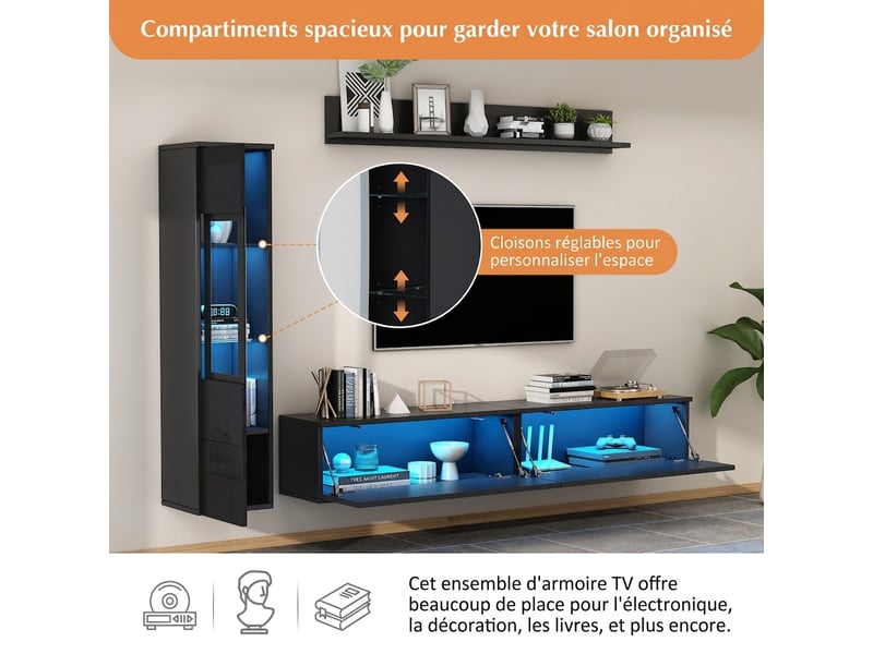  Ensemble meuble tv mural noir brillant 3 pièces, pour écran jusqu'à 80 pouces, avec led rgb et façades haute brillance  - Conforama D