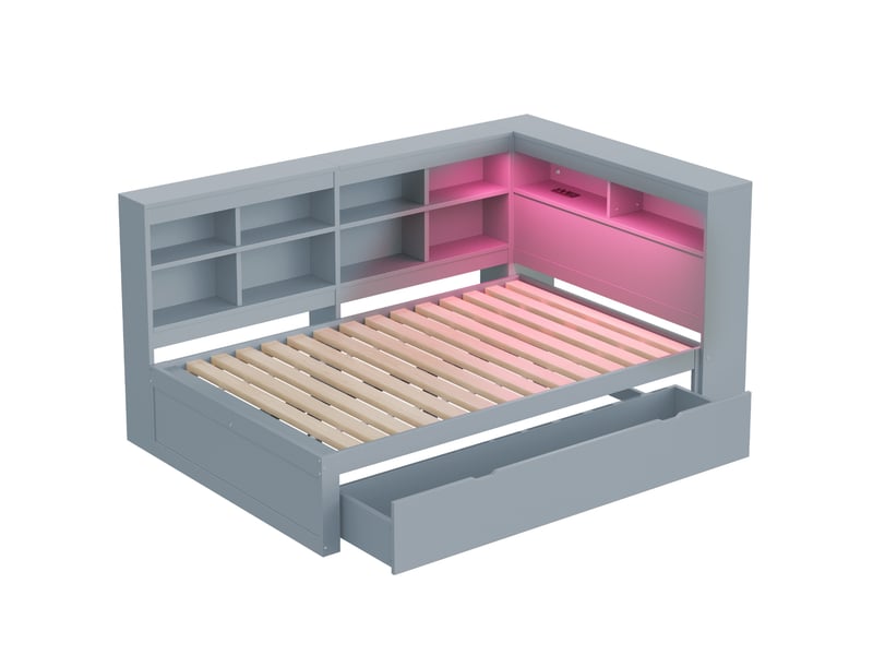  Lit banquette enfant 140 x 200 cm avec led, usb, tiroirs et rangements, bois, gris Fay Lum - Conforama A