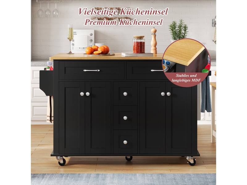  Chariot de cuisine multifonction - plan de travail extensible 120×65 cm - 5 tiroirs et armoires spacieuses 140x65x89cm - Conforama E