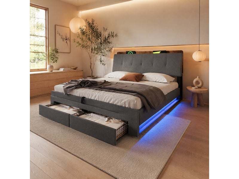Lit coffre 180x200 cm en lin gris avec led, usb et usb-c - Conforama B