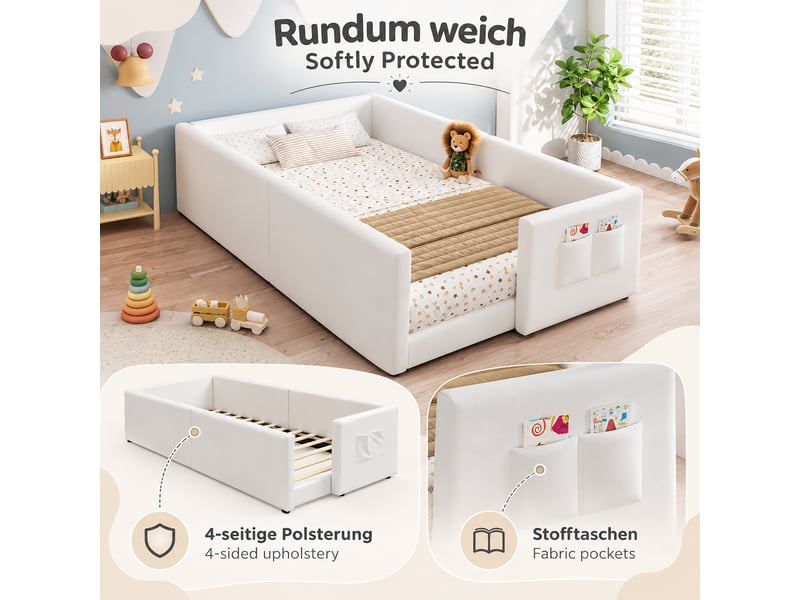 Lit enfant 90x200 cm, lit au sol rembourré en velours, lit bas montessori avec poche latérale, cadre doux quatre côtés, blanc - Conforama D