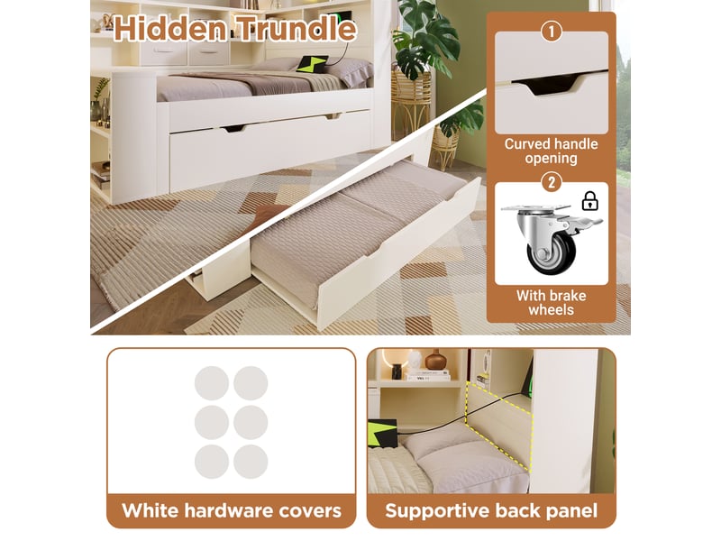 Lit extensible 140x190 cm - avec rangement - en bois - blanc CARDUME ESTIVAL - Conforama D
