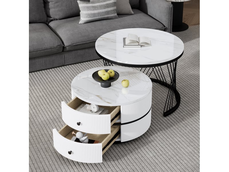  Lot de 2 tables basses gigognes rondes avec 2 tiroirs, effet marbre brillant, blanc  - Conforama C