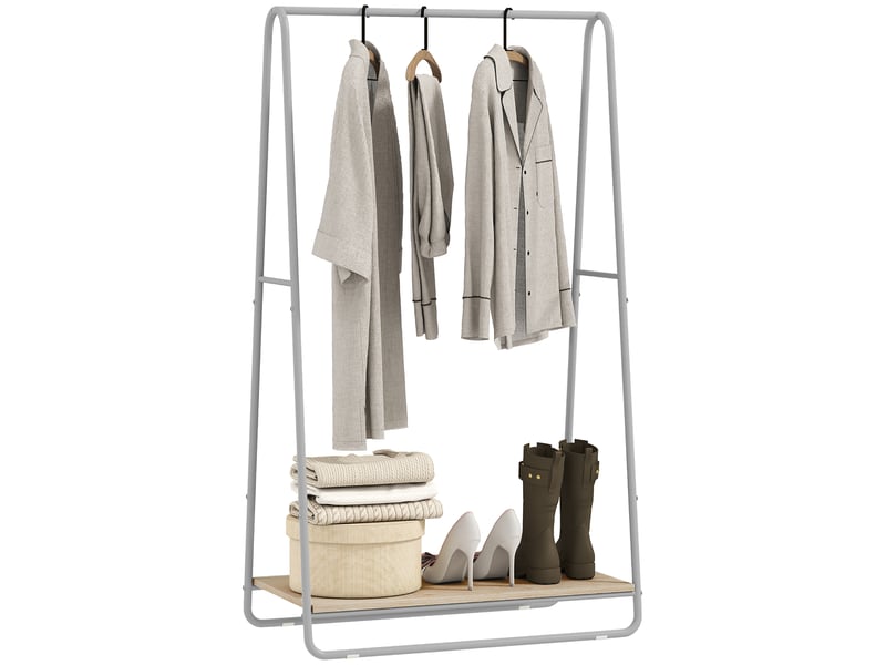  Portant à vêtements 3 en 1 avec étagère à chaussures, barres supérieures et latérales, structure en métal naturel et gris  - Conforama A