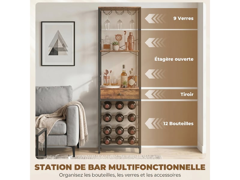  Casier à bouteilles pour 12 bouteilles, casier à vin avec étagère ouverte et tiroir, brun rustique, 40x30x148cm  - Conforama A