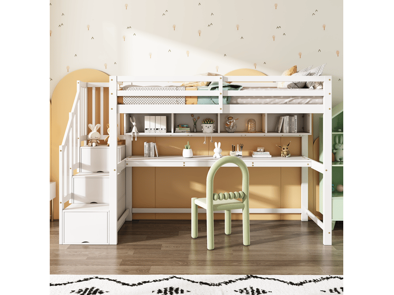  Modenvie lit mezzanine enfant 90x200 cm - avec escalier de rangement, bureau et étagères - blanc  - Conforama E