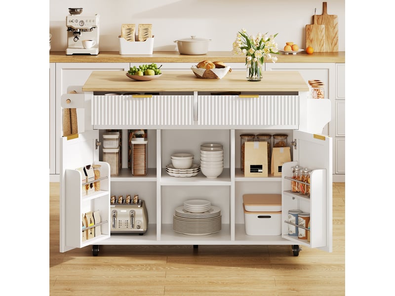  Desserte de cuisine à roulettes 143 x 4569 cm, 2 tiroirs, blanche et naturelle  - Conforama B