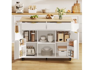 Desserte de cuisine à roulettes 143 x 4569 cm, 2 tiroirs, blanche et naturelle
