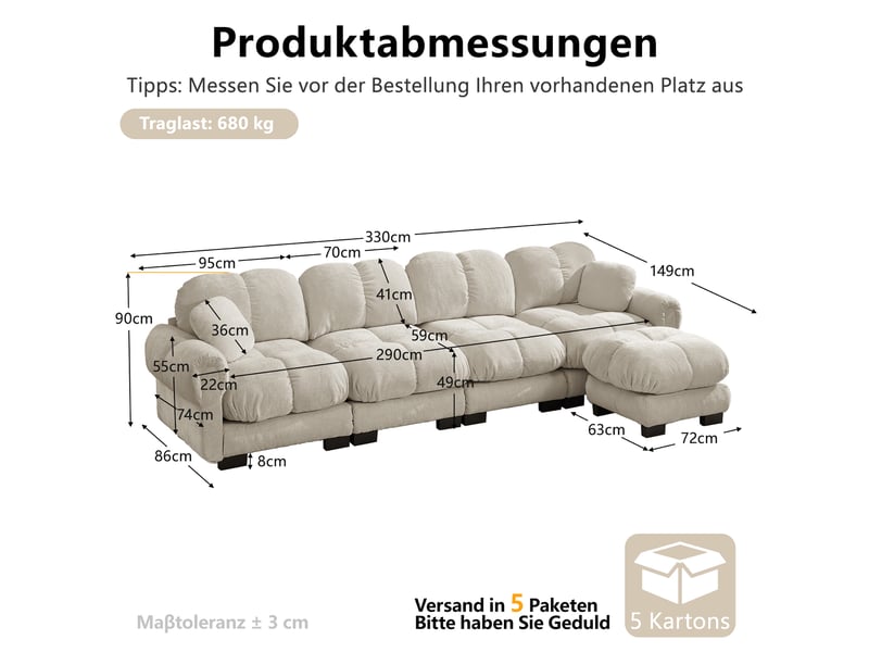  Canapé d'angle modulable 4 places en tissu chenille, design contemporain avec ottomane mobile et rangement intégré, couleur kaki clair  - Conforama C