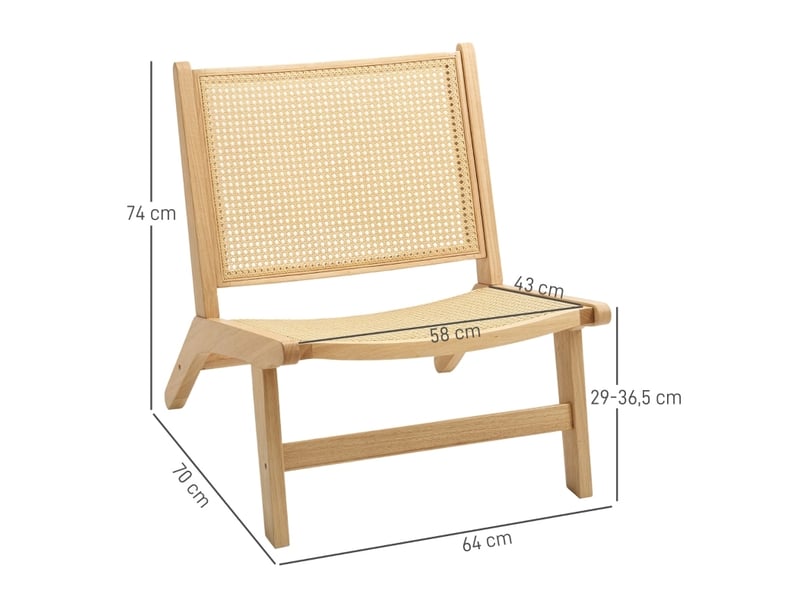  Fauteuil de lecture 64 x 70 x 74 cm – bois naturel – assise large et dossier en rotin, sans accoudoirs  - Conforama C