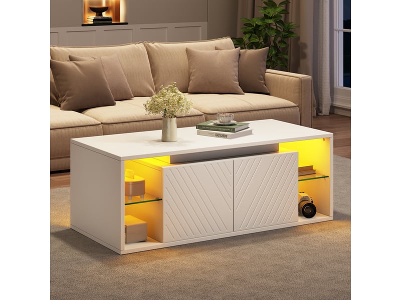  Table basse salon 100x50x41 cm avec led, 2 portes et niches ouvertes, table de séjour moderne avec rangement en blanc  - Conforama B