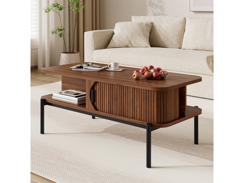  Table basse 100 x 45 x 43 cm noyer en mdf, rangement à portes coulissantes et niches latérales ouvertes  - Conforama B