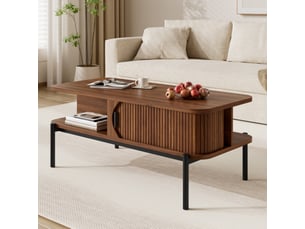 Table basse 100 x 45 x 43 cm noyer en mdf, rangement à portes coulissantes et niches latérales ouvertes