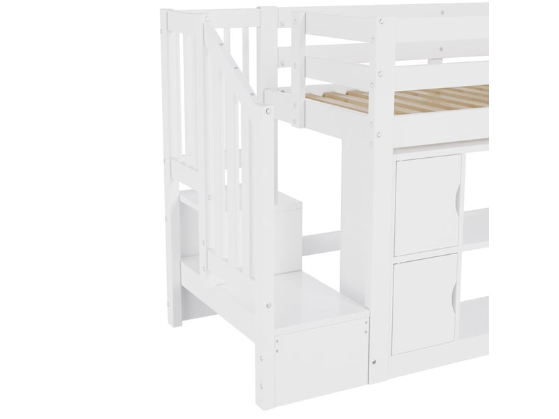  Lit mezzanine,90x200 cm,étagères,armoires échelle, led, mdf, pin, blanc  - Conforama E