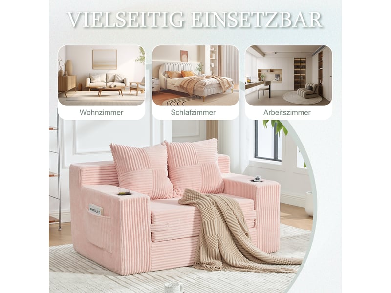  Canapé-lit,151x133x64 cm,2 places avec poches latérales,velours côtelé,rose  - Conforama D