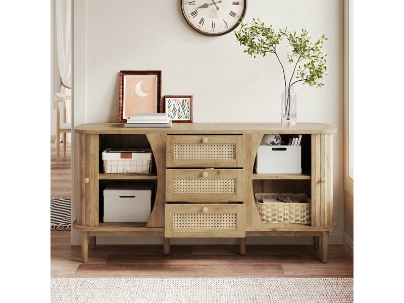 Buffet bas 140,5x40x76 cm - meuble de rangement en bois avec étagères réglables, portes coulissantes et 3 tiroirs cannage rotin- bois naturel - Conforama D