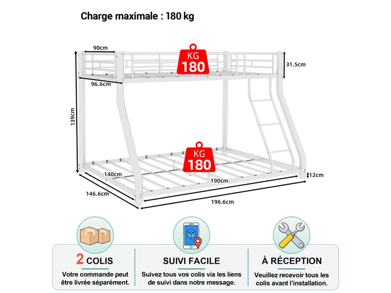  Lit superposé 3 places 90×190 cm et 140×190 cm - okmyhome- échelle et barrières, sans matelas, métal blanc  - Conforama D