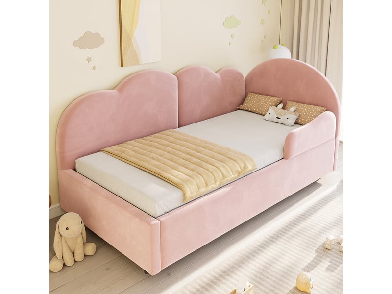  Lit superposé en l 90x200+90x190 cm, tête de lit nuage, velours rose, sans matelas  - Conforama W