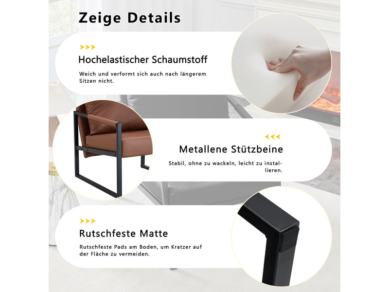  Fauteuil de lecture moderne 68.5x75.4x78cm - avec piétement en métal noir  – canapé individuel pour salon, chambre et bureau – cuir - marron  - Conforama E
