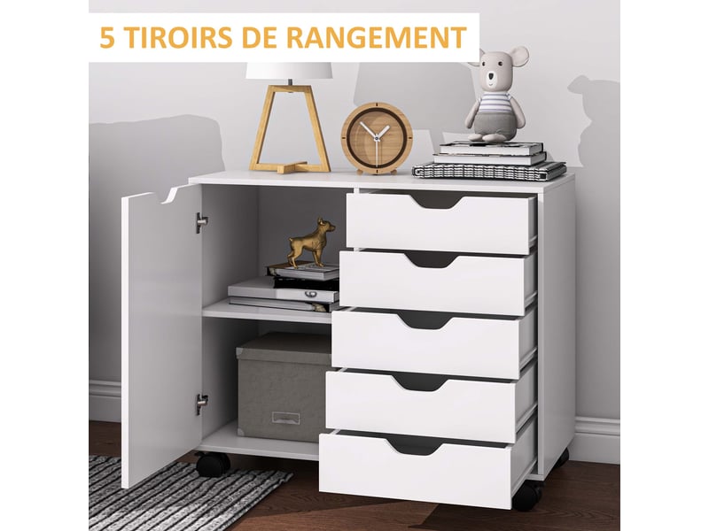  Meuble de rangement pour bureau 5 tiroirs 1 porte étagère réglable, support imprimante roulettes, 78x40x66,5 cm, blanc  - Conforama D
