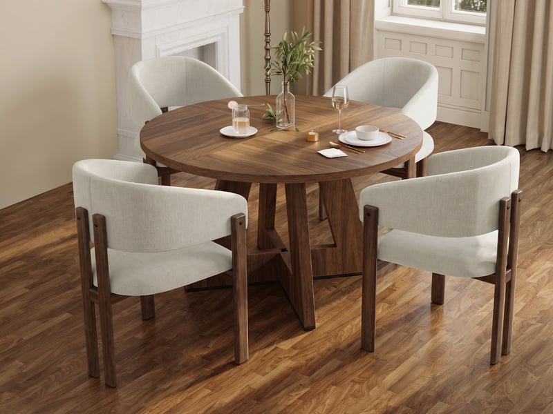 Ensemble table et chaises 4-6 pers, table ronde noyer 120cm design scandinave, 4 chaises métal effet boislin noyer - Conforama B