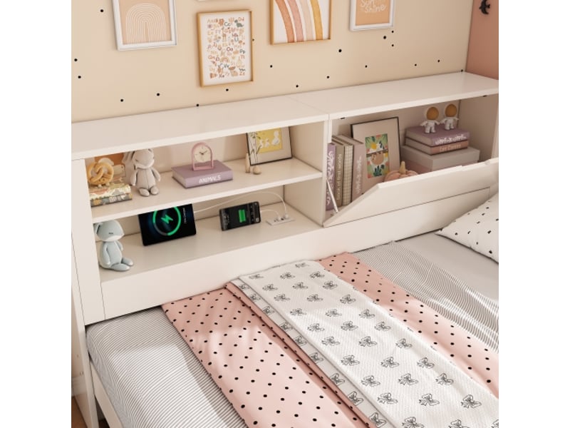  Canapé-lit 140×190 cm et lit escamotable 90×190 cm, cadre blanc avec rangements, usb‑c, lattes – sans matelas  - Conforama D