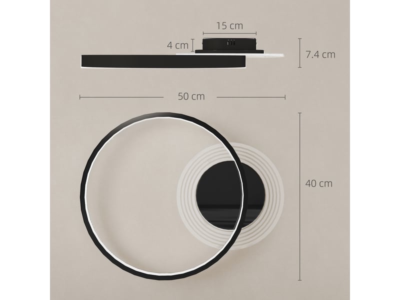  Plafonnier led moderne à 2 anneaux avec température de couleur réglable, puissance 30 w, noir  - Conforama E