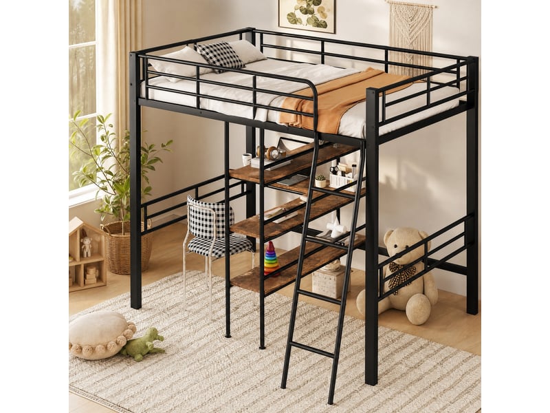  Lit mezzanine enfant noir 90 x 200 cm avec bureau, étagères, échelle et garde-corps  - Conforama B