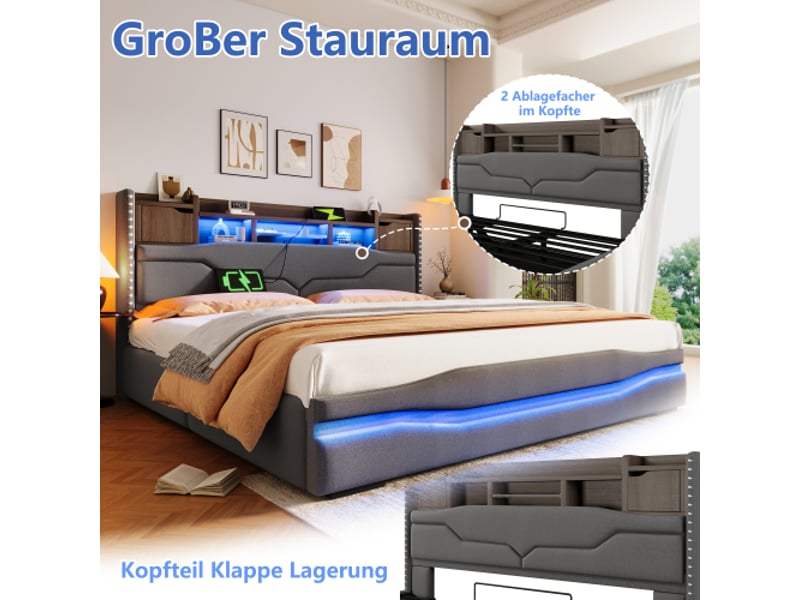  Lit rembourré 180x200 cm avec éclairage led et rangement lit coffre hydraulique avec port de chargement usb-c lin gris  - Conforama C