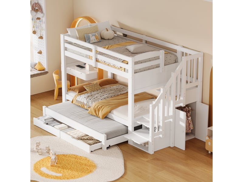  Lit superposé 90x200 cm blanc avec lit gigogne 90x190, escalier de rangement et armoire, sans matelas  - Conforama E