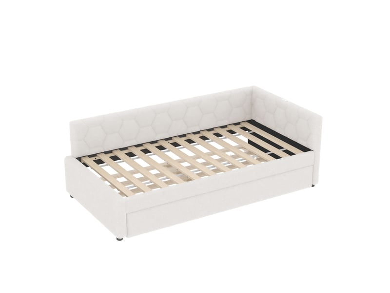 Lit banquette blanc 90x200 cm en bouclé avec lit gigogne, lampe, usb et type-c - Conforama E