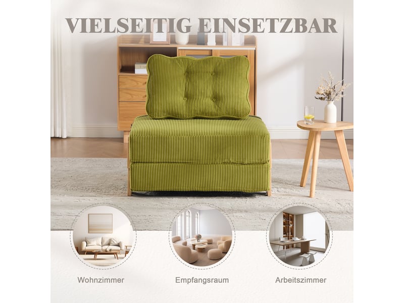  Fauteuil convertible 1 place 90x86x84cm vert olive en velours côtelé, couchage pliant, dossier rembourré et pieds en bois  - Conforama D