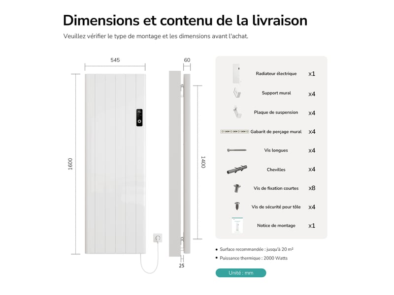 Emke radiateur électrique à convection 2000w, panneau chauffant mural en aluminium 160x54,5cm, thermostat wifi, blanc brillant - Conforama E