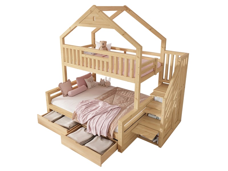 Lit superposé enfant 90x200 et 140x200 cm avec escalier et tiroirs, chêne, sans matelas - Conforama A