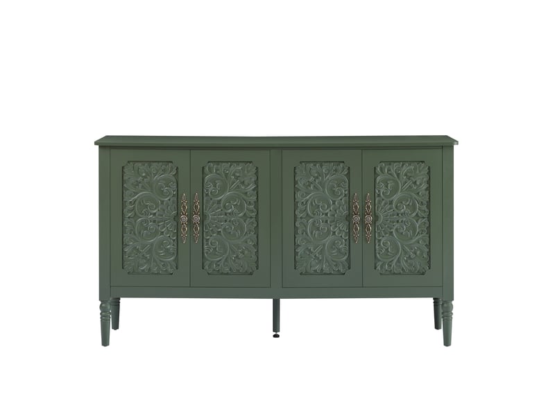  Buffet 160x40x89 cm, design rétro à relief, 4 portes, angles arrondis, panneau de particules, vert, rangement salon  - Conforama A