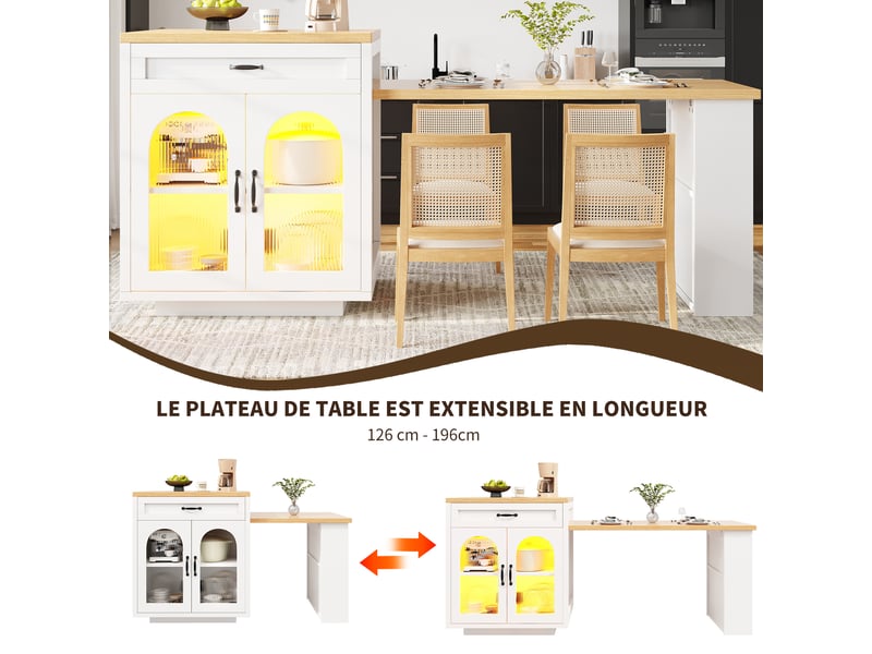  Îlot de cuisine extensible,avec éclairage led rgb télécommande &amp; minuterie,avec plan de travail &amp; 2 tiroirs &amp; porte,blanc  - Conforama D