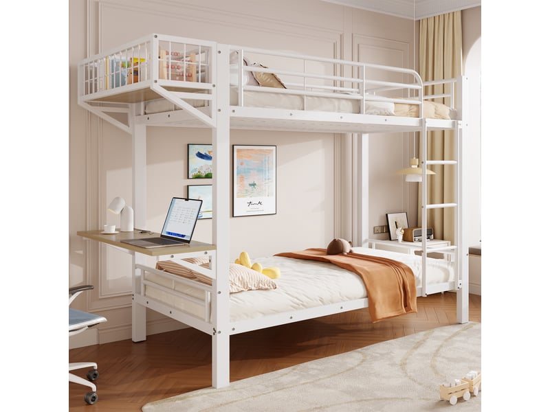  Lit superposé 90x200 cm, lit enfant avec bureau, étagère réversible, échelle, garde-corps, métal (sans matelas), blanc CozyNest - Conforama D