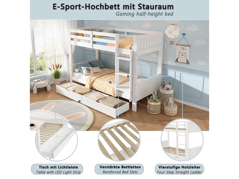  Lit superposé 90x200 cm en bois, séparable en 2 lits simples, avec échelle, barrières de sécurité et tiroirs - blanc  - Conforama E